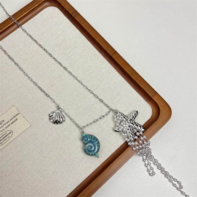 New Trendy Metal Starfish Tassel Necklace for Women Hip Pop Silver Color Shell Conch Pendant Necklace Long Chain Jewelry Gift