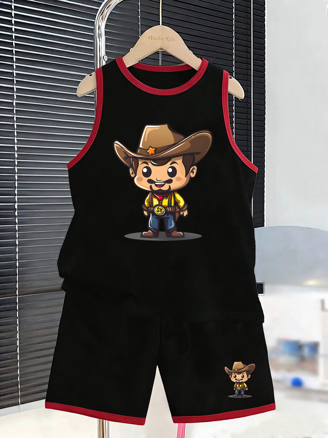 

Boys’ cartoon cowboy set. Cool stylish design, breathable fabric, loose fit for trendy summer wear. 2-3Y чёрный