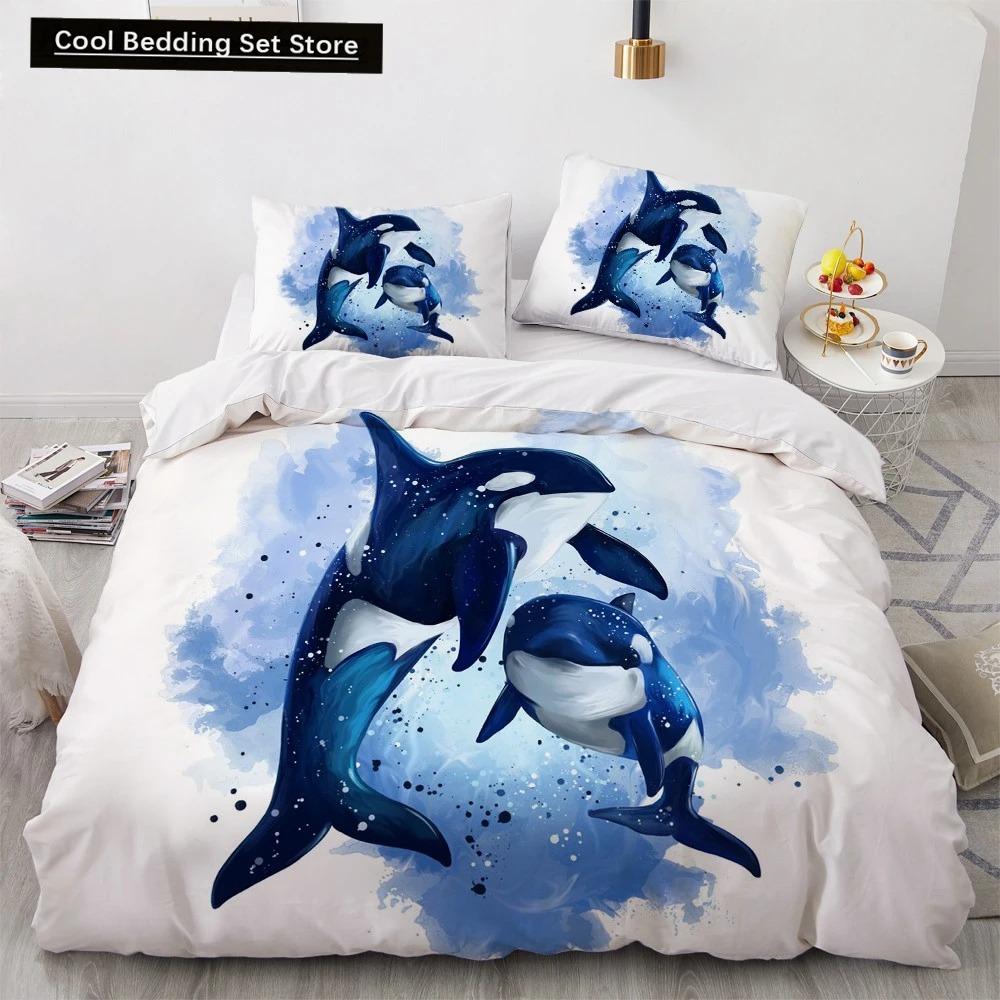 Dolphin Ocean King Queen Duvet Cover Cute 3D Sea Animal Bedding Set for Kids Teens Adults Shoal of Fish Blue 23pcs Quilt Cover
