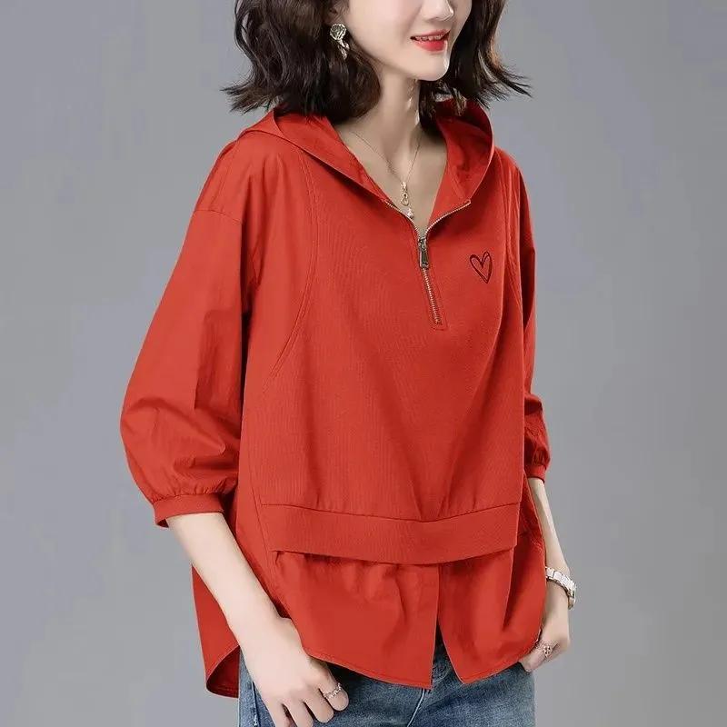 Women's Summer Design Hooded Plus Size Seven Quarter Sleeve Sweatshirt Korean Version Spliced Pullover Half Zipper Design Top