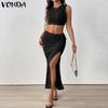Two Pieces Women Texture Sleeveless Crop Tops and Splits Skirt Sets