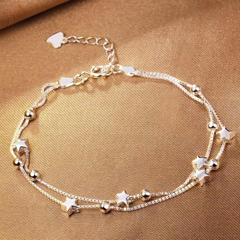 925 Sterling Silver Bead Chain Bracelets For Women Korean Sweet Double Layer Beautiful Stars Bracelets Original Jewelry Gifts