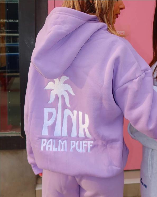 Women's Hooded Long Sleeve Drop Shoulder Pullover Sweatshirt Palm Tree "PINK PALM PUFF" Back Letter Print Casual Hoodie