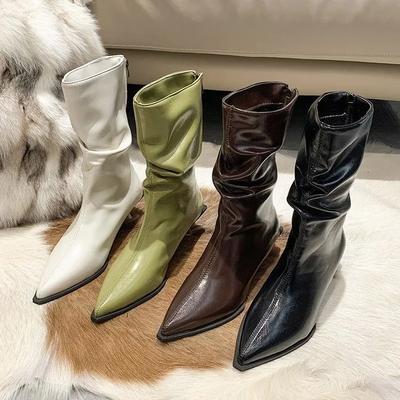 Mode Dünne Med Heels Stiefeletten Frauen Winter Schuhe Marke Plissee Spitz Kurze Stiefel Designer PU Leder Botas Mujer 2024