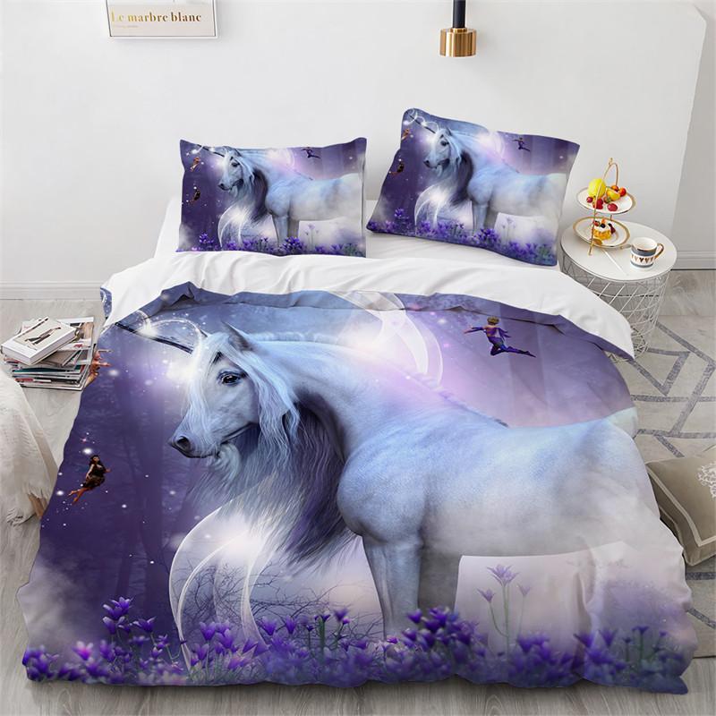 Cute Unicorn Duvet Cover Microfiber Forest White Unicorn Horse Comforter Cover Flying Horse Bedding Set King Full For Girls Teen