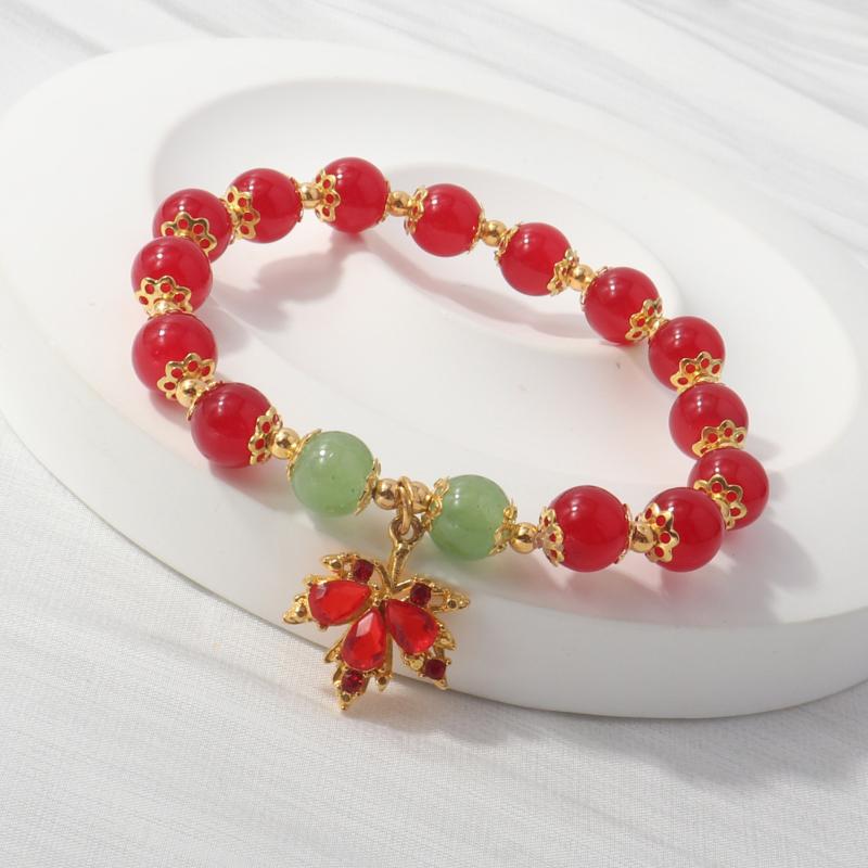 Chic Leaf Themed Red Jade Beads Bracelet for Women Ideal Jewelry Gift 1Pcs