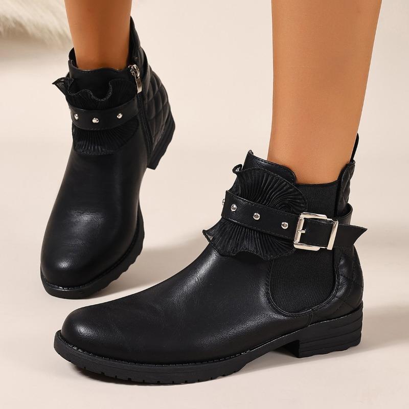 

Fashion Stylish Side Zip Low Heel Single Boots Autumn New Round Toe Metal Buckle Lace Border Anti-Slip Booties 42 чёрный