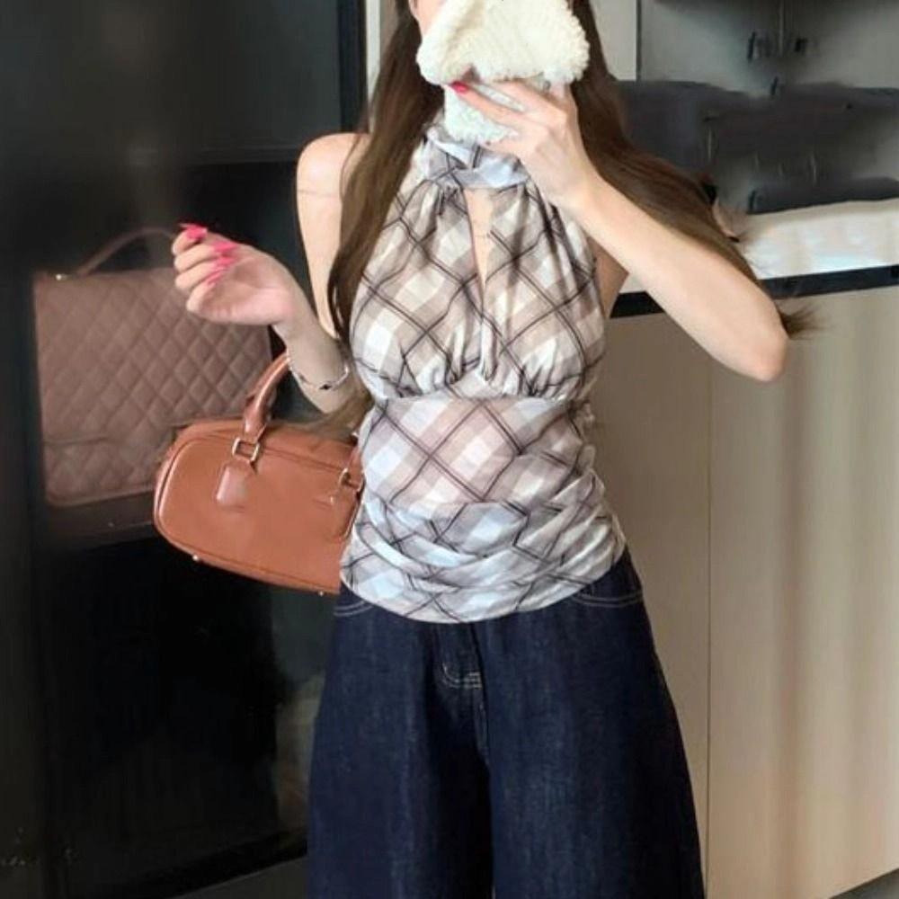 Lace Up Halter Sleeveless Camisole Plaid Stripe Suspender Vest Fashion Slim Crop Tops Travel