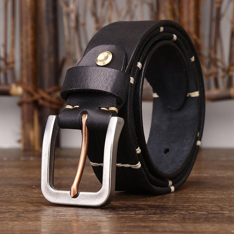 Thick Thread Decorative Genuine Leather Pure Cowhide Personality Trendy Versatile Men's Pin Buckle Jeans Belt