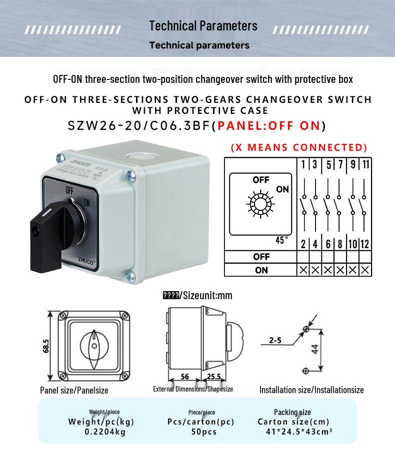 Zhuochao SZW26-20/C06.3BF Three-Section Two-Speed Rotary Switch with Protective Box