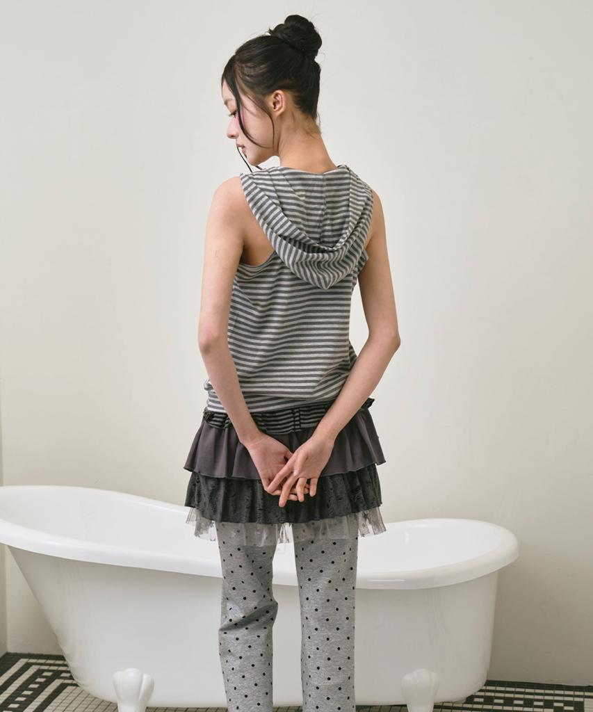 THE GREEN LAB Striped Glam Hooded Sleeveless Top [Light Gray]