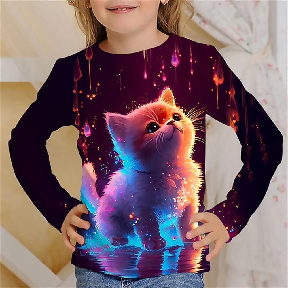 Cute Cartoon Cat Children's 3D Digital Printing Girl Fashion Trend Round Neck Long Sleeved T-shirt