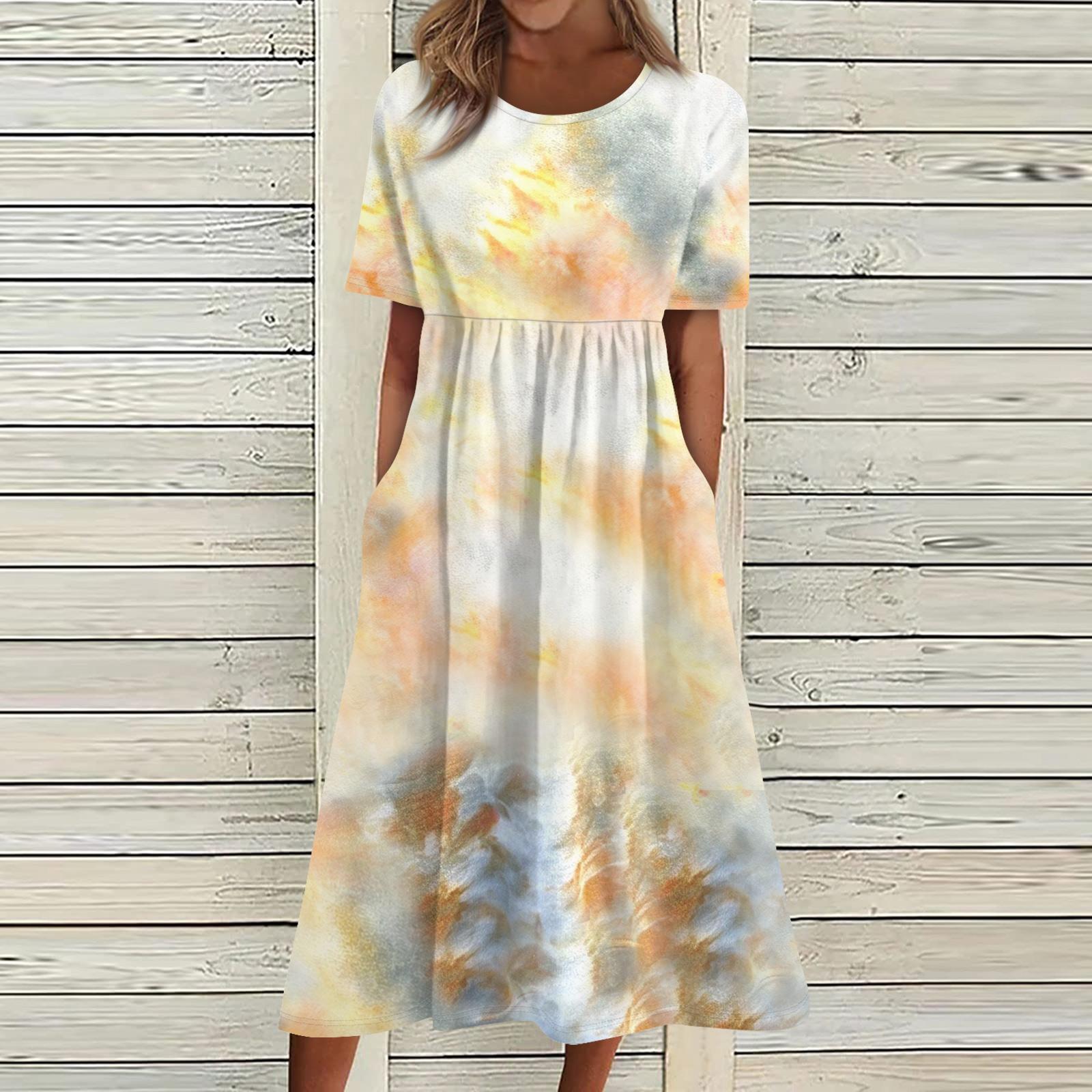 

Летнее платье для женщин, повседневное пляжное свободное платье с короткими рукавами и принтом L бежевый