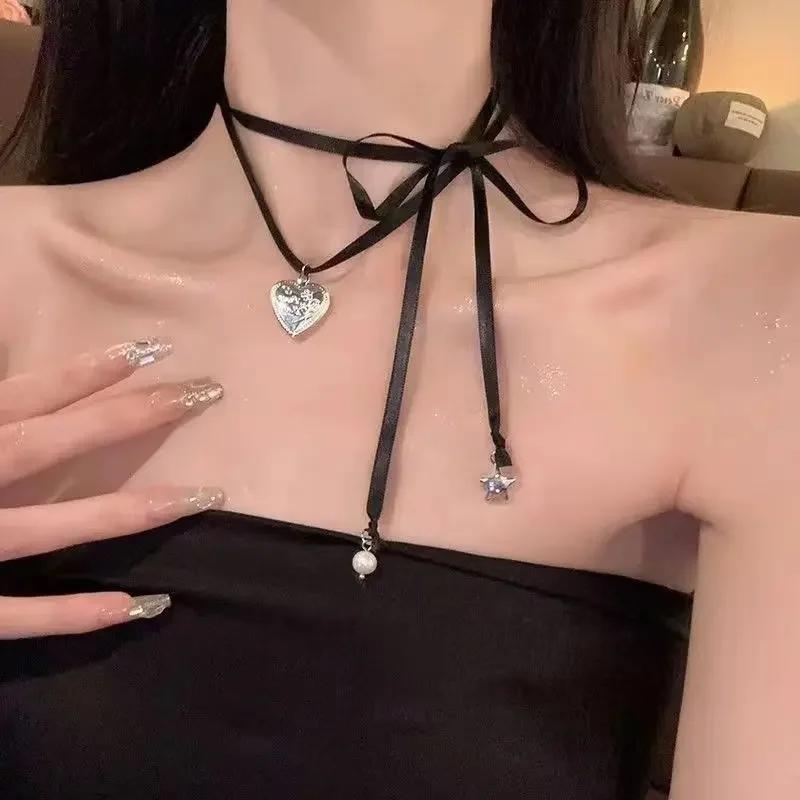 

Charm Pink Ribbon Tie Lace Love Heart Pendant Necklace for Women Girls Cute Ballet-style Neck Collar Bone Jewelry Accessories