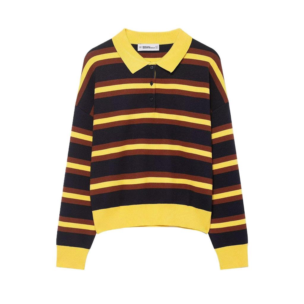 2025 European Autumn Women's Yellow Striped Lapel Knitwear