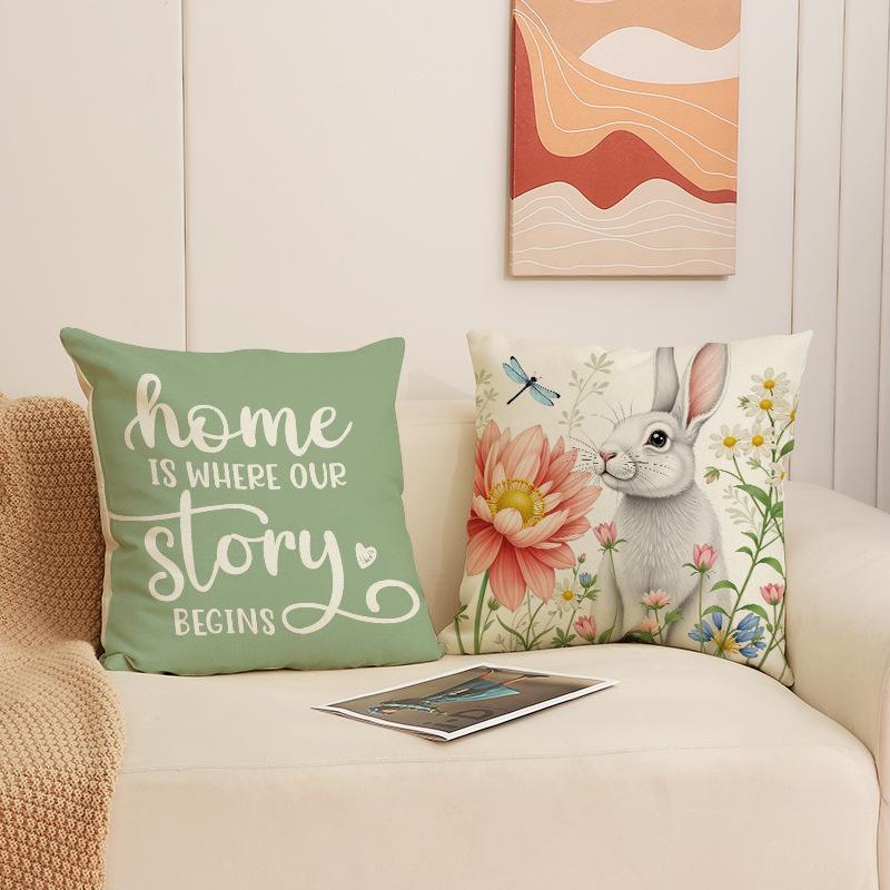 Easter Letter Print Pillowcase Plant Flower Holiday Decoration Square Pillowcase Cute Rabbit Pillow
