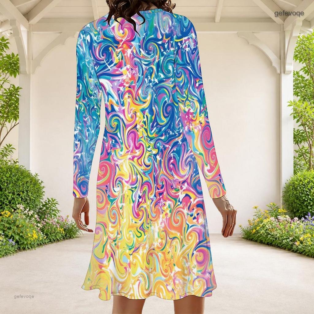 Women Plus Size Round Neck Long Sleeve Butterfly Printed Black A Line Dress