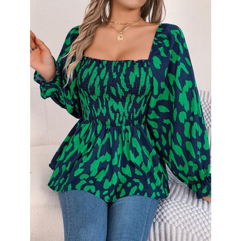 Women's Autumn and Winter Casual Wooden Ear Edge Square Collar Leopard Print Long Sleeve Top