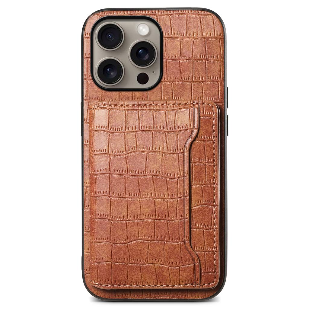 For iPhone 16 Pro Max Case Card Holder Kickstand Crocodile Texture Leather Back Phone Cover