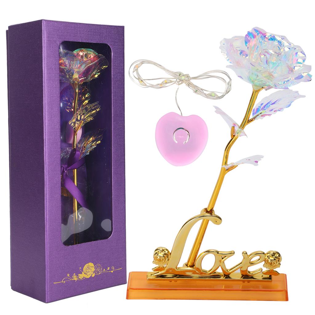 Transparent Rose Flower with LoveShaped Display Stand Craft Collection Purple Packing Box
