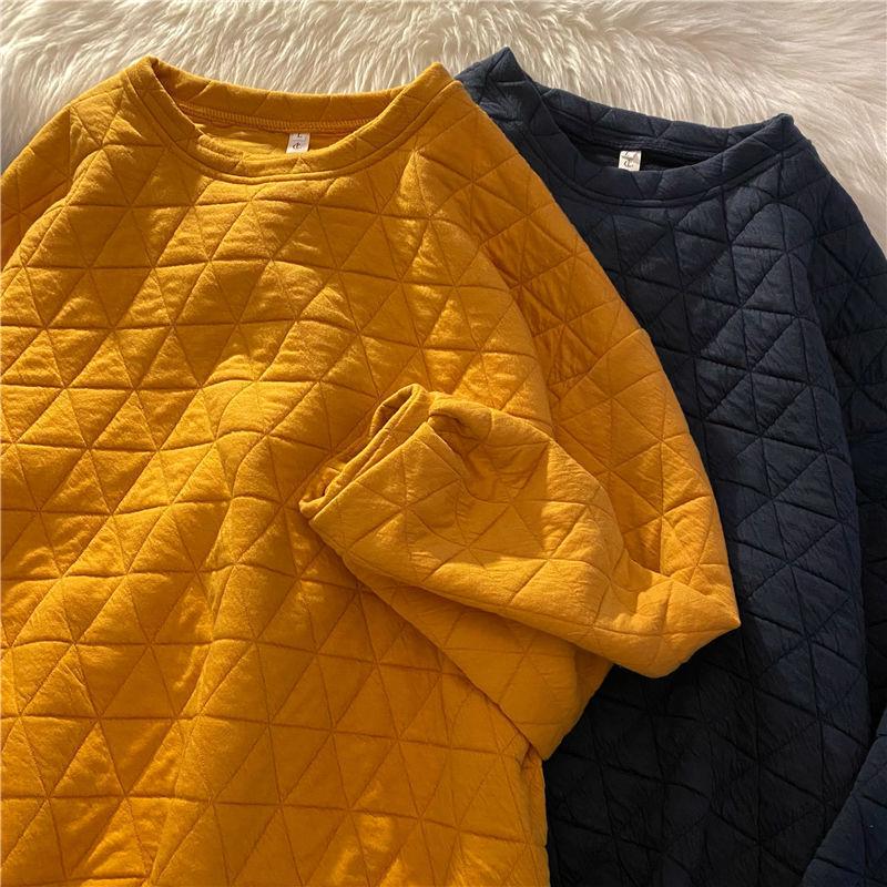 Women's High-End Diamond Pattern Quilted Sweatshirt - Korean Style, Slimming, No-Hood, Round Neck, Autumn/Winter Fashion