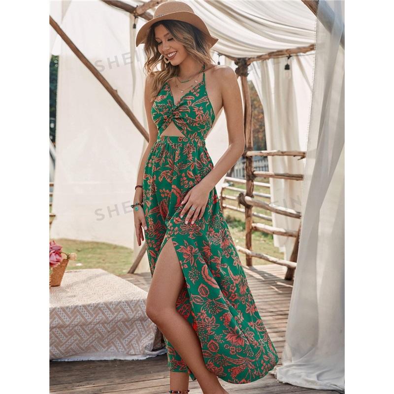 Women's Summer New Style Hollow Twisted Pleated Halter Printed Dress Temperament Romantic Beach Casual Long Skirt