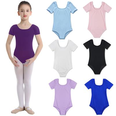 Kids Girls Short Sleeves Stretchy Ballet Suit Gymnastics Dance Leotard Dancewear