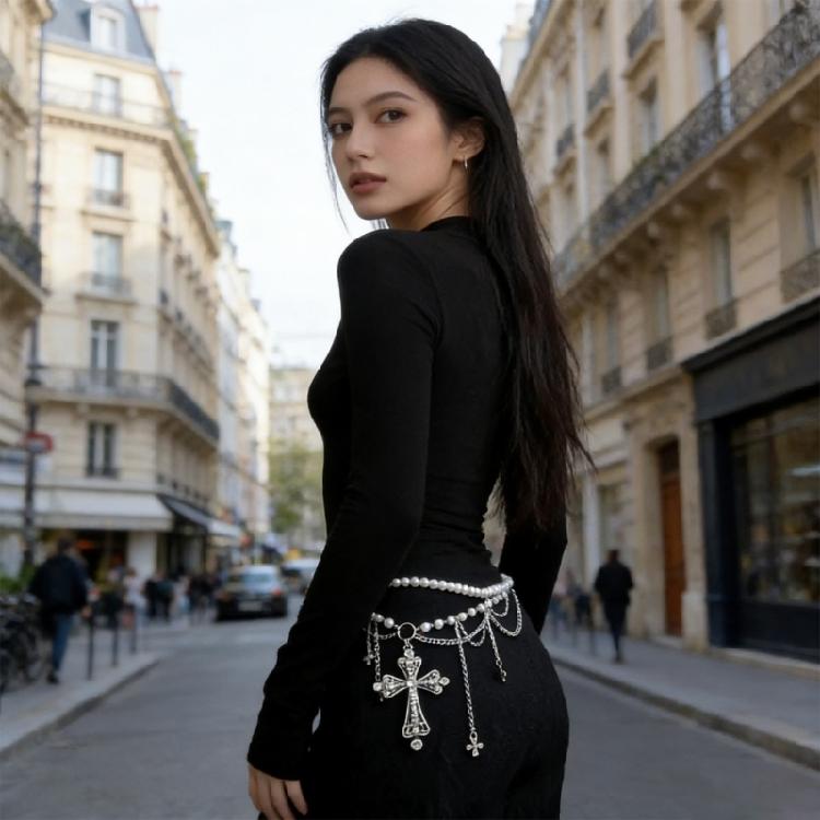 2000s Gothic Waist Belt Multi Layered Chain Pearls Chain Crosses Design For Edgy Outfits