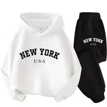Herbst Warm New York Letter Cool Grafikdruck Kinder Langarm Hoodie + Hose Anzug 2er Set Sweatshirt Junge Mädchen Kind Sportbekleidung