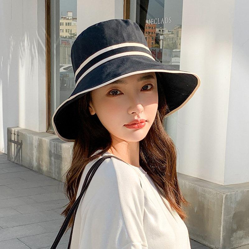 Women's Wide Brim Striped Bucket Hat - Soft Cotton Foldable Panama Sun Hat Solid Color Outdoor Beach Travel Cap