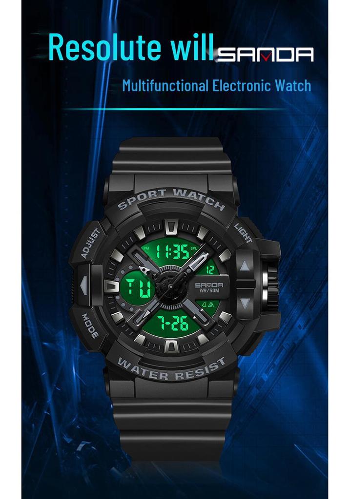 Sanda Men's Dual Display Waterproof Sports Watch: Multifunctional, Luminous, Fashionable, and Versatile for Outdoor Activities.