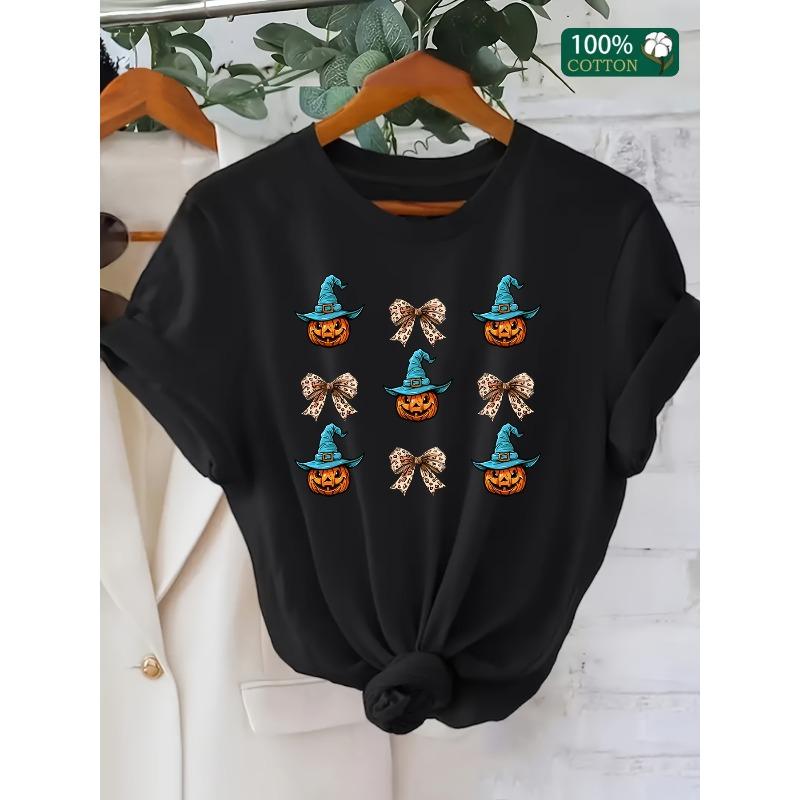 Europäische Größen Damen Halloween Kürbis Zauberer Cartoon Print T-Shirt, Lässiger Rundhalsausschnitt, Kurzarm, Rippstrick-Detail