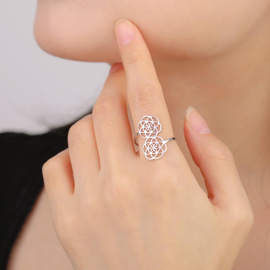 Sacred Geometry Flower Of Life Ring Women'S Stainless Steel Adjustable Ring Vintage Talisman Jewelry Party Gift