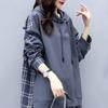 Spring Fall Women Hoodie Plaid Print Fake Two-piece Mid Length Drawstring Long Sleeves Pullover Daily Wear School Top