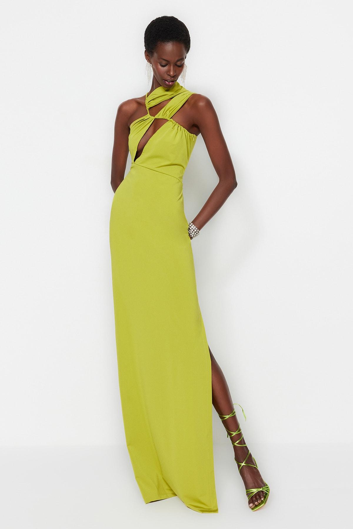 

Светло-Зеленое Вязаное Длинное Вечернее Платье с Окном/Вырезами TPRSS23AE00007..