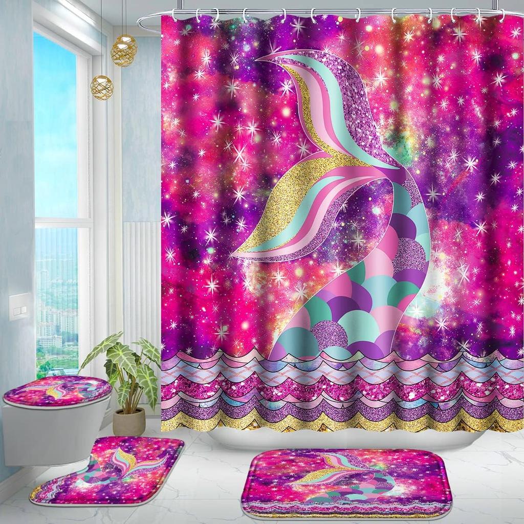 Mermaid Shower Curtain Set With Non-Slip Rugs Toilet Lid Cover Bath Mat Kids Ocean Coral Starfish Bathroom Shower Curtains Set