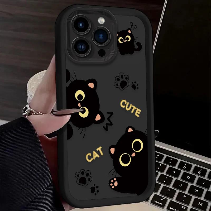 Lovely Black Cat love Heart Silicone Soft Phone Case For iPhone 16 15 14 13 12 11 Pro Max XS X XR 7 8 SE Shockproof