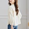 Autumn New Style Black Ears Lantern Sleeve Top Round Collar Shirt Apricot Embroidered Shirt Women Long Sleeve Lady