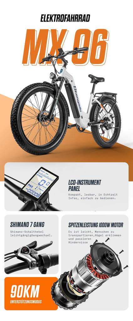 Shengmilo MX06 Electric Bike for Adults, 500W Motor, 90km Range, Off-Road/City, Samsung 48V17.5AH, Shimano 7-Speed, Lightweight Alloy Frame