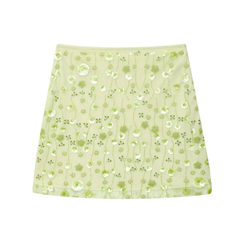 

Za 2025 Autumn New Casual Mesh Translucent String Beads Three-Dimensional Flower Decoration Mid Waist Short A Word Skirt Cyan L