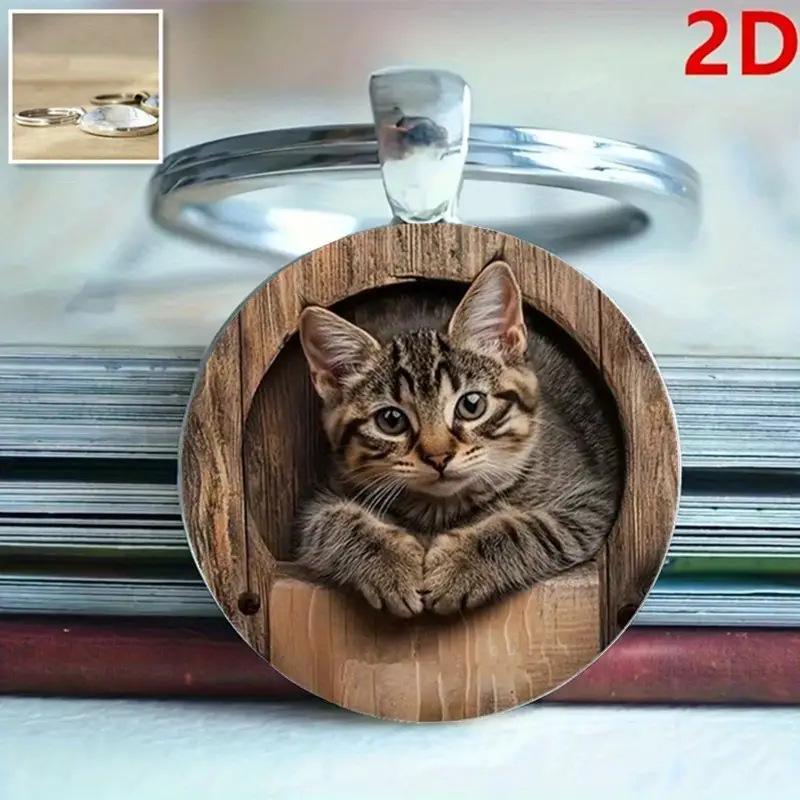Retro Tabby Cat Alloy Glass Pendant Keychain - European & American Style