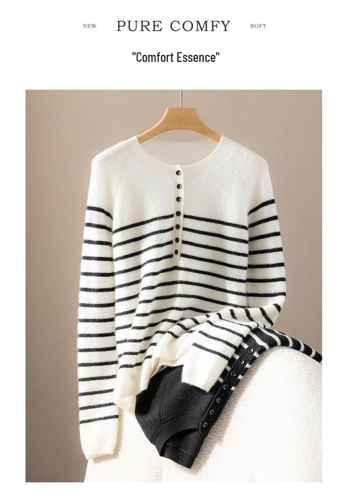 Women's 100% Pure Cashmere Striped Button-Up Raglan Sleeve Cardigan Sweater, Round Neck for Autumn/Winter