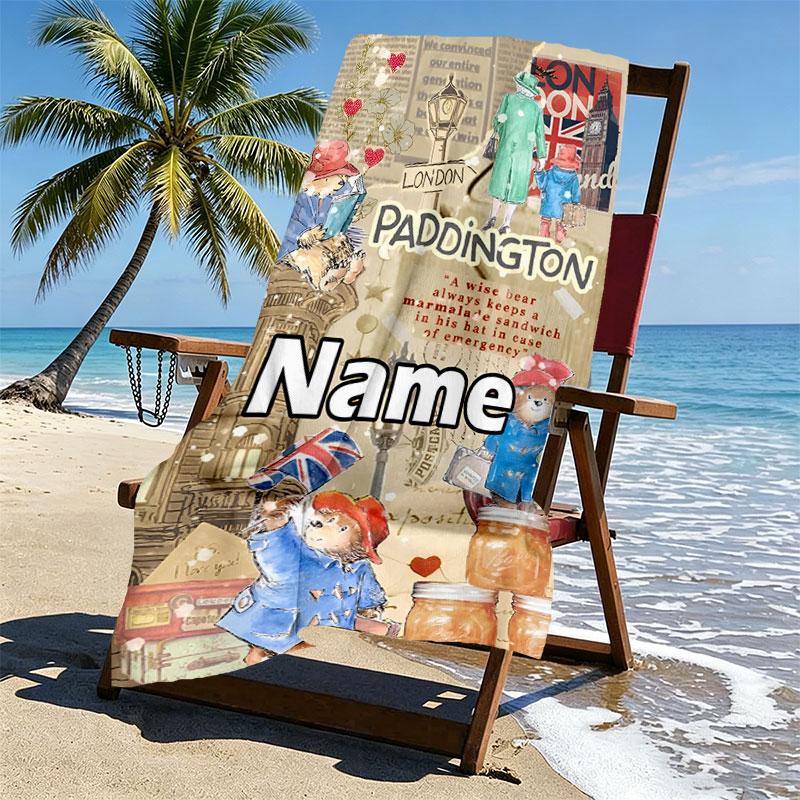 Custom Name Personalized Paddington Bear Print Beach Towel, for Trip Camping Beach Party Home Decor, Birthday Gift for Family & Friends