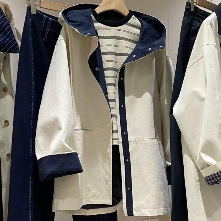 

Women s Color Block Hooded Trench Coat - Spring/Autumn Casual Layering Jacket, Loose Fit, Small Size, Fashionable Style L 58-63 kg