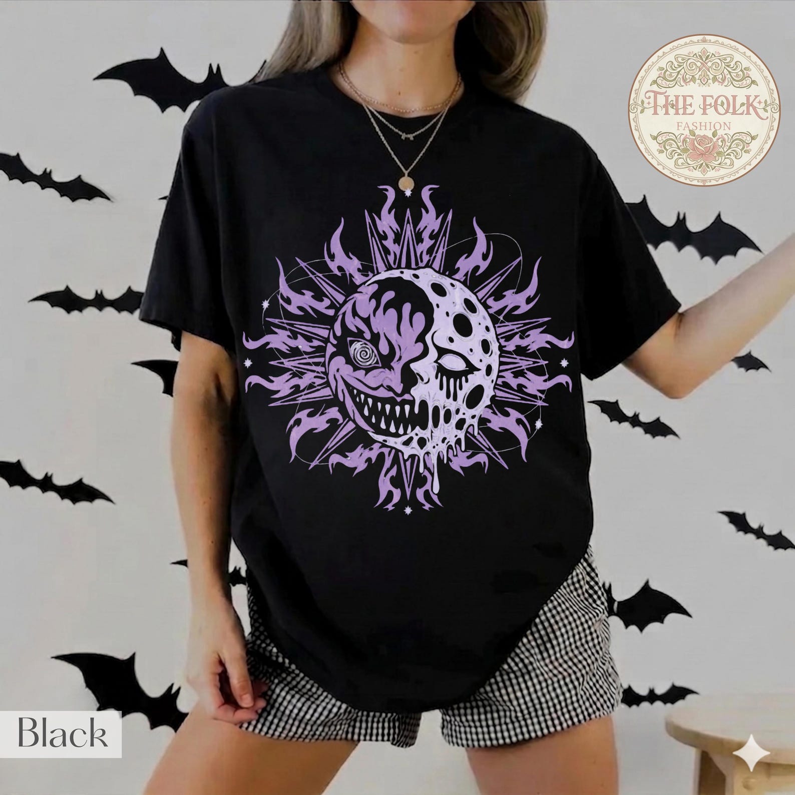 Pastel Goth Sun Moon Shirt, Celestial Grunge Skull Tee, Neon Purple Spooky Season Tee, Gothic Melting Moon Tshirt, Gen Z Halloween Shirt XL