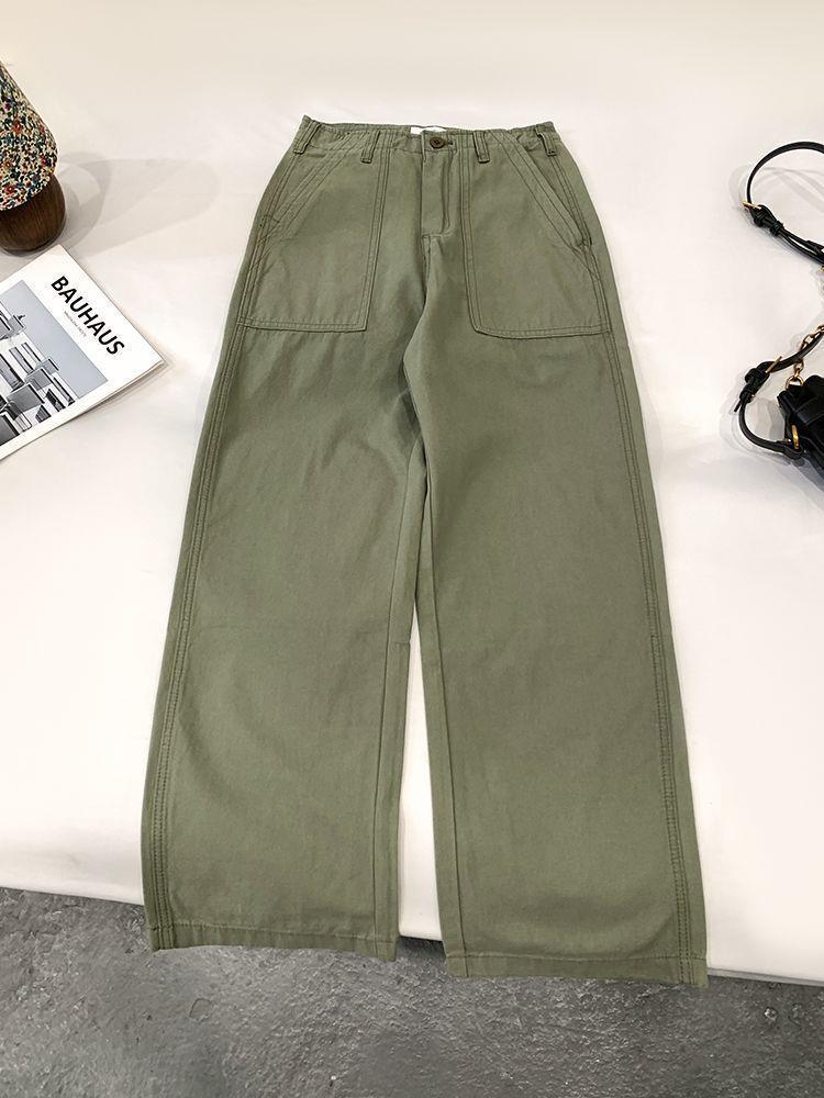 Green High Waist Retro Wide-Leg Work Pants for Tall Individuals