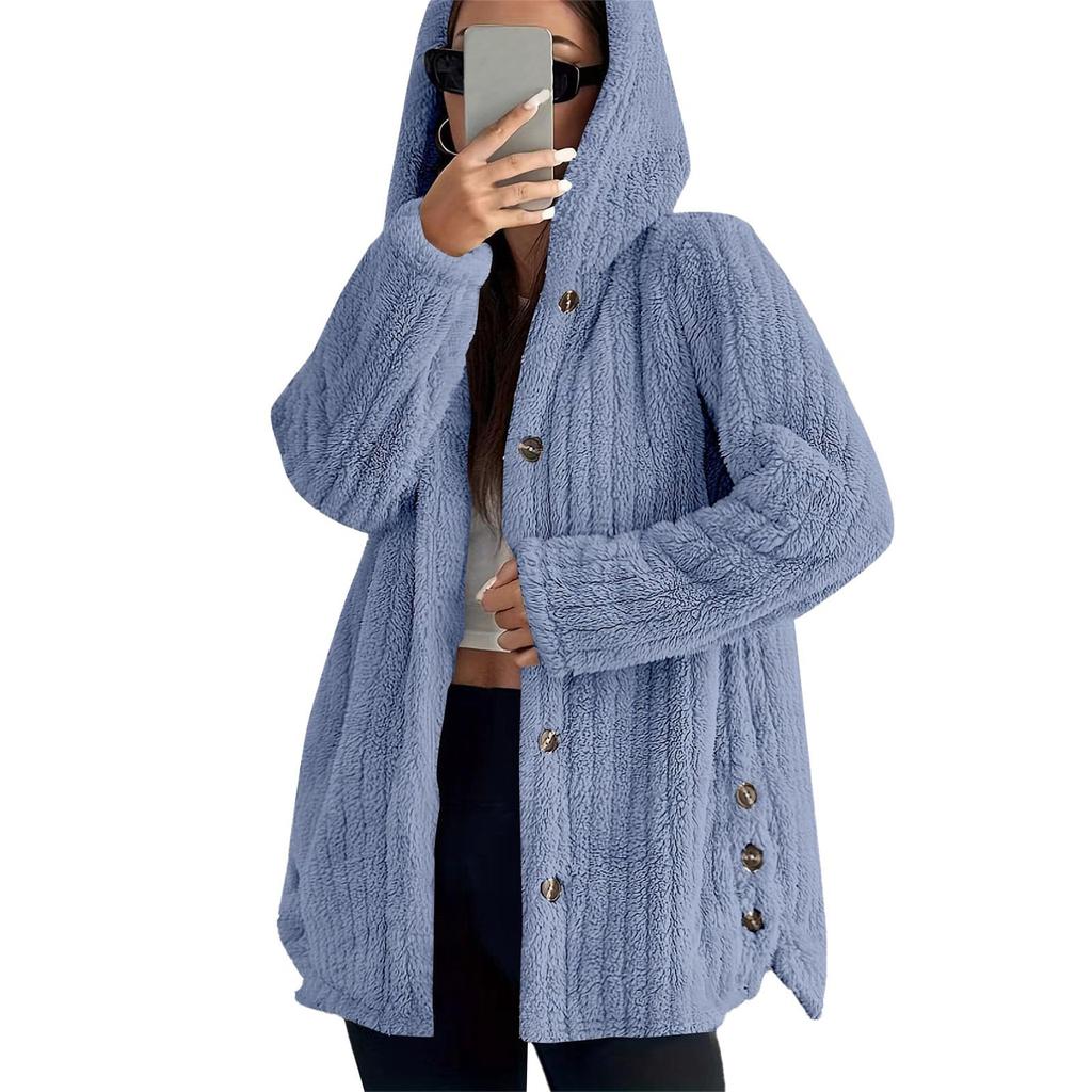 Women's Fashionable Coat Solid Color Long Sleeved Hooded Button Plush Warm Jacket