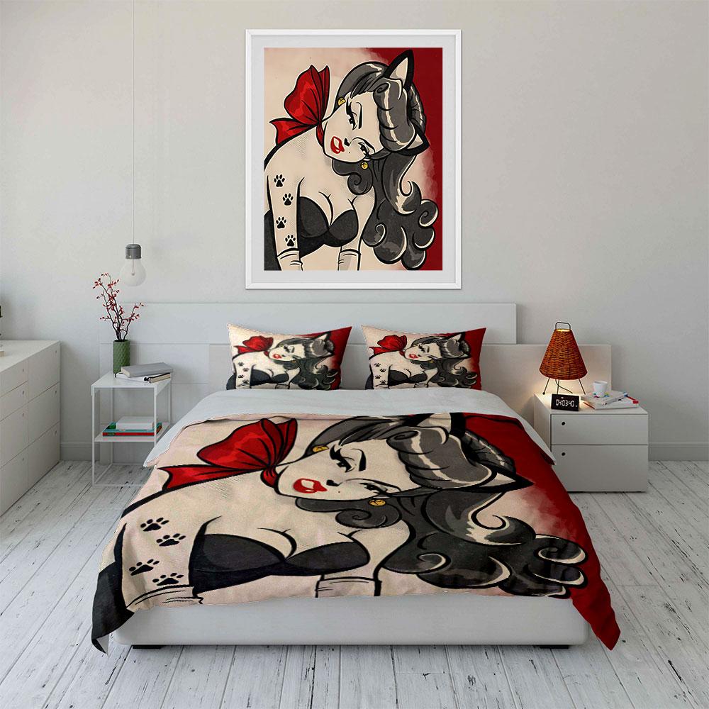Vintage Cat-Eared Pin-Up Design Bedding Duvet Cover Set Duvet Cover Pillowcases (1*Duvet Cover 2*Pillowcases, Without Duvet Insert)