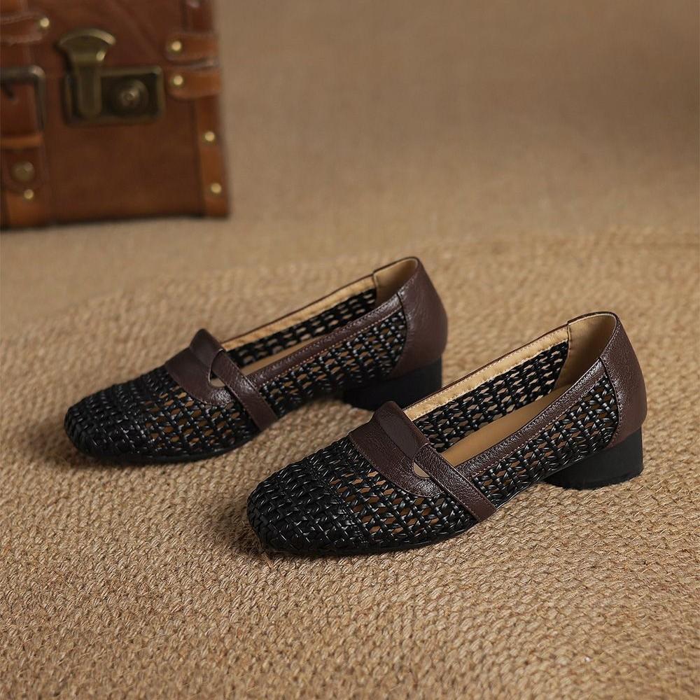 Square Head Versatile Hole Shoes Retro Hollow Weaving Spring and Summer New Daily Casual Breathable Single Shoes