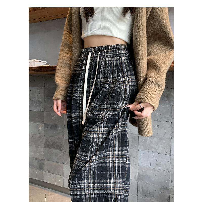 Coffee plaid woolen wide-leg pants women's new autumn clothing lazy and relaxed high waist thin straight-leg pants